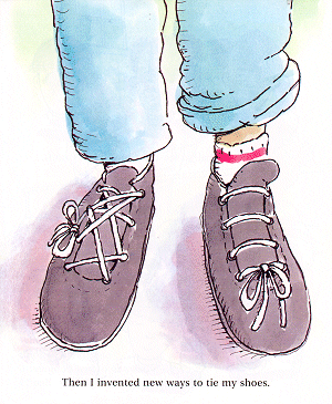 Harry ties his shoes.